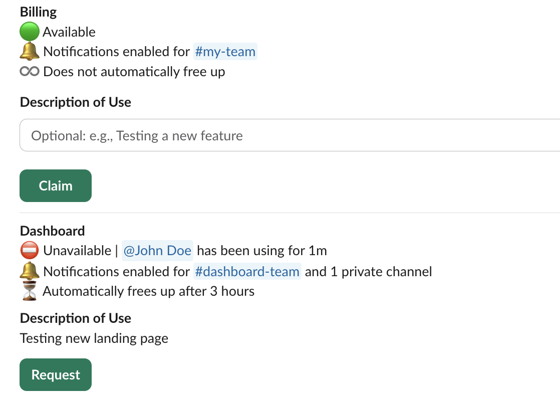 Staging bot interface in Slack showing environment status